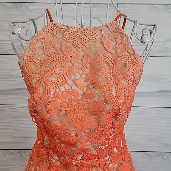 A.Peach crocheted lace halter dress in sunburnt orange Women's Size S - Picture 2 of 12